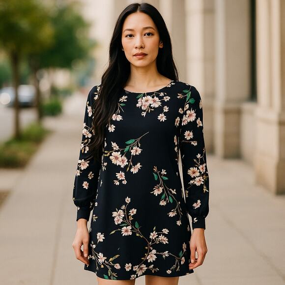 Lulus Floral Print Dress, Navy Blue, Small, Long Sleeve, 100% Polyester - Picture 1 of 9